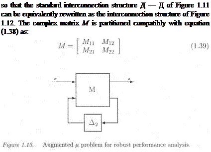 Подпись: so that the standard interconnection structure Д — Д of Figure 1.11 can be equivalently rewritten as the interconnection structure of Figure 1.12. The complex matrix M is partitioned compatibly with equation (1.38) as: 
