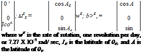 Подпись: ' 0 ' cos AE cos A 0 ; ЫЕЕ = 0 wE; b>Ev = 0 JcoE_ sin Ae_ sin where wE is the rate of rotation, one revolution per day, or 7.27 X Ю-5 rad/ sec, 1E is the latitude of 0E, and A is the latitude of 0V. 