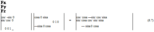 Подпись: Fx Fy Fz cos/ -sin/ 0 cosa 0 sina cos/ cosa —sin/ cos/ sina sin/ cos/ 0 0 1 0 = sin/ cosa cos/ sin/ sina (6.7) 0 0 1 _ —sina 0 cosa — sina 0 cosa 