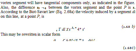 Подпись: vortex segment will have tangential components only, as indicated in the figure. Also, the difference r0 -14 between the vortex segment and the point P is r. According to the Biot-Savart law (Eq. 2.68a) the velocity induced by a segment dl on this line, at a point P, is 4 Г dl X r A, = 4* r' (2.68 b) This may be rewritten in scalar form л r sin P J, A<7e = 2 dl Ал r (2.68c) 