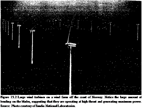 Подпись: Figure 13.2 Large wind turbines on a wind farm off the coast of Norway. Notice the large amount of bending on the blades, suggesting that they are operating at high thrust and generating maximum power. Source: Photo courtesy of Sandia National Laboratories. 