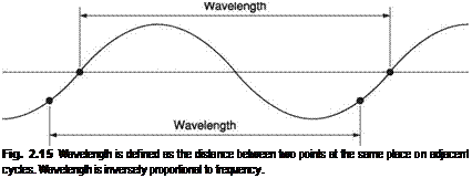 Подпись: Fig. 2.15 Wavelength is defined as the distance between two points at the same place on adjacent cycles. Wavelength is inversely proportional to frequency. 