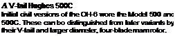 Подпись: A V-tail Hughes 500C Initial civil versions of the OH-6 wore the Model 500 and 500C. These can bo distinguished from later variants by their V-tail and larger diameter, four-blade mam rotor. 